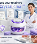 Ultrasonic Retainer Cleaner Machine with 3 Retainer Cleaning Tablets, shown with certificates and smiling professional in a dental clinic.
