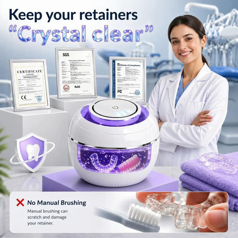 Ultrasonic Retainer Cleaner Machine with 3 Retainer Cleaning Tablets, shown with certificates and smiling professional in a dental clinic.