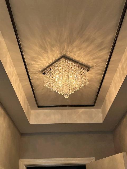 Crystal Chandelier For Hallways And Entryways, Modern Square Flush Mount Ceiling Light Fixture With Four Lights, Raindrop Crystal Drops