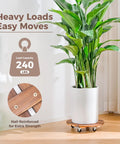Tough Wood Plant Stand With Wheels 12 Inch Rolling Planter Caddy Four Pack with a 240 lbs capacity for heavy plants indoors.