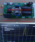 DIY SSB Linear Power Amplifier Kit 3.5-30 MHz, 13.8V, 5W In, 70W Out circuit board with performance graph