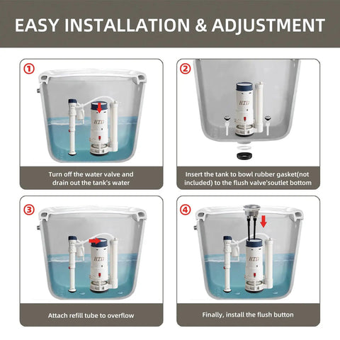 Diagram showing steps to install Universal Toilet Tank Repair Kit with Dual Flush Valve and Inlet Valve in a 2-inch outlet cistern.