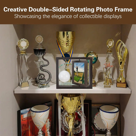 Two In One Golf Ball Display Frame With Round Transparent Case And Rotatable 4x6 Photo Frame Gift for collectors on a shelf
