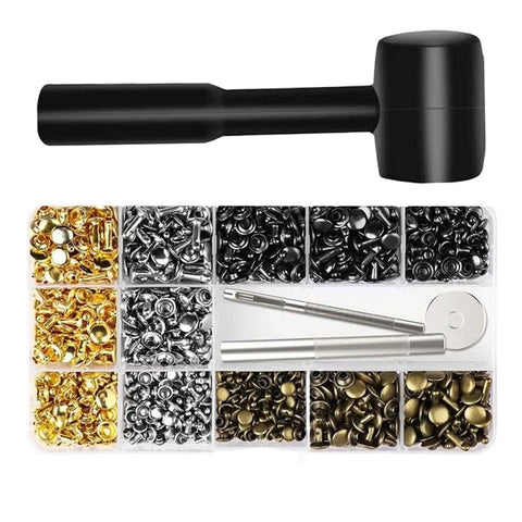 480 Piece Snap Button Fastener Kit For Leather Clothing And Crafts With Stainless Steel Caps Posts Screws And Installer Tools Pro Grade Easy Press Set For Bags Hats Belts DIY Repair, kit with hammer and assorted snaps