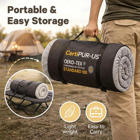 Person carrying rolled 2 Inch Memory Foam Comfy Camping Cot Pad For Folding Cots With Removable Cover Non Slip Waterproof Bottom