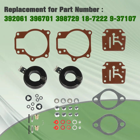 Two Pack Carburetor Repair Kit With Float Replacement For Johnson Evinrude Outboard Motors 18 20 25 28 30 35 40 45 48 50 55 60 65 70 75 HP Compatible Easy Install Rebuild Kit with parts displayed