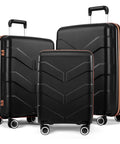 Three Piece expandable hardside luggage set with spinner wheels and TSA lock in black.