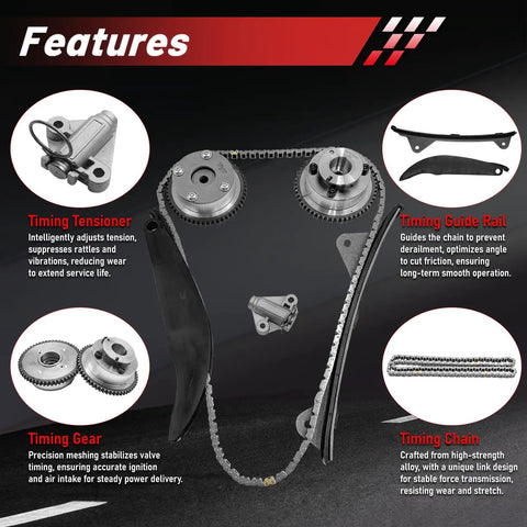 Diagram of Timing Chain Kit with Intake and Exhaust VVT Gear for Elantra and Soul, showing tensioner, guide rail, and chain details.