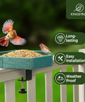 Adjustable Clamp On Deck Bird Feeder For Balcony Railings Featuring Dead Simple No Drill Installation Quick Setup For Porches And Fences Crafted From Recycled Poly Lumber And Tough Powder Coated Metal For Every Bird Enthusiast with birds perched.