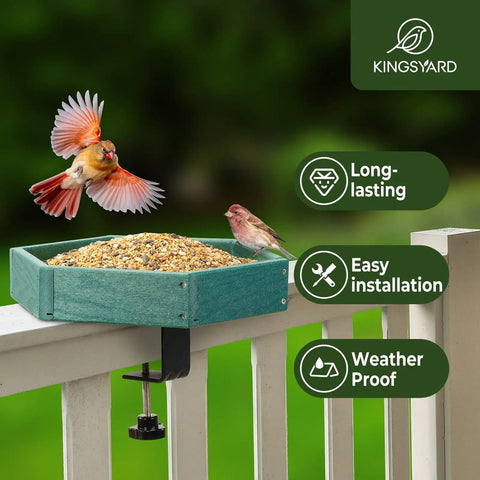Adjustable Clamp On Deck Bird Feeder For Balcony Railings Featuring Dead Simple No Drill Installation Quick Setup For Porches And Fences Crafted From Recycled Poly Lumber And Tough Powder Coated Metal For Every Bird Enthusiast with birds perched.