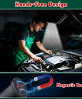 Man using Rechargeable LED Magnetic Work Light With 360 Degree Rotation And 5 Modes, Compact Handy Mechanic Light in car engine bay