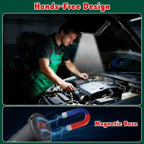 Man using Rechargeable LED Magnetic Work Light With 360 Degree Rotation And 5 Modes, Compact Handy Mechanic Light in car engine bay