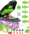 AISHUJIE 13-in-1 veggie chopper with grey body and green blades; container filled with chopped onions and assorted slicer attachments.