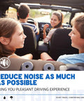Family driving in car highlighting noise reduction benefits.