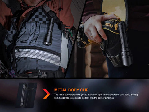 Beast Mode 3000 Lumens Police Duty Flashlight With Long Throw Beam attached to tactical gear using metal body clip.