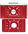 Top Shelf Aluminum Router Base Plate Precision Milling Table Insert For Woodworking Trimming Tasks with red anodized finish and measurements.
