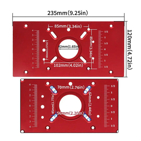 Top Shelf Aluminum Router Base Plate Precision Milling Table Insert For Woodworking Trimming Tasks with red anodized finish and measurements.
