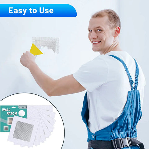Man using Eight Piece Four Inch Aluminum Drywall Patch Kit With Heavy Duty Wall Hole Patches Scraper And Sandpaper Included