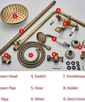 UBNMIUBV Shower System, Antique Brass Shower Faucets Set components including shower head, hose, mixer, and more.