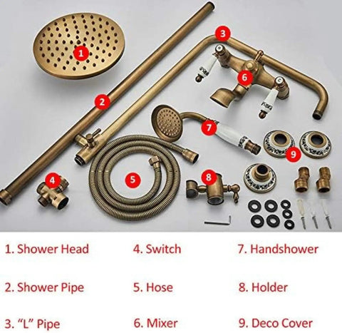 UBNMIUBV Shower System, Antique Brass Shower Faucets Set components including shower head, hose, mixer, and more.