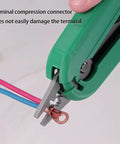 Compact Palm Sized Multifunctional Cable Stripper For Networking Cables Lightweight Wire Stripping Tool For Cat5 And Cat6 Ethernet Installations in use with pink and blue wires.