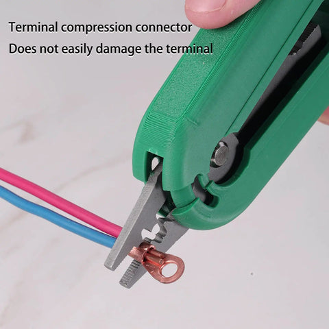 Compact Palm Sized Multifunctional Cable Stripper For Networking Cables Lightweight Wire Stripping Tool For Cat5 And Cat6 Ethernet Installations in use with pink and blue wires.