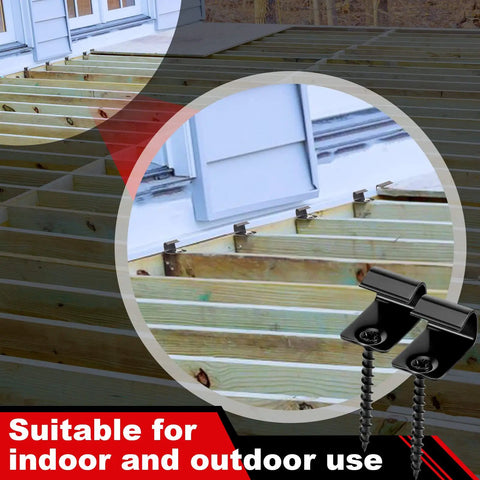 Image showing 80 Pack 304 Stainless Steel Start Clips, Universal Decking Clip With Decking Screws For Composite Deck Boards, Hidden Fasteners, Easy Install on an outdoor decking framework.