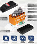 Front view: HobbyPark 35kg waterproof metal-gear RC servo with horn; orange CNC aluminum body