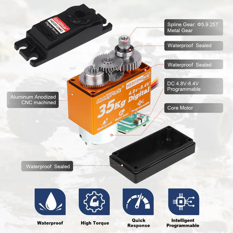 Front view: HobbyPark 35kg waterproof metal-gear RC servo with horn; orange CNC aluminum body