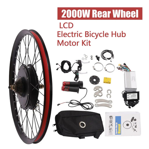 26 Inch Electric Bicycle Conversion Kit With 72V 2000W Rear Hub Motor Plug And Play LCD Display Pedal Assist Sensor 9 Speed Flywheel 60Nm Torque Budget Friendly Complete Kit For Easy E Bike Build components shown.