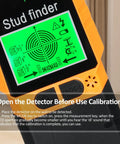 Stud Finder Wall Scanner 6 In Stud Detector With Lcd Display Alarm Magnet showing calibration instructions on screen.