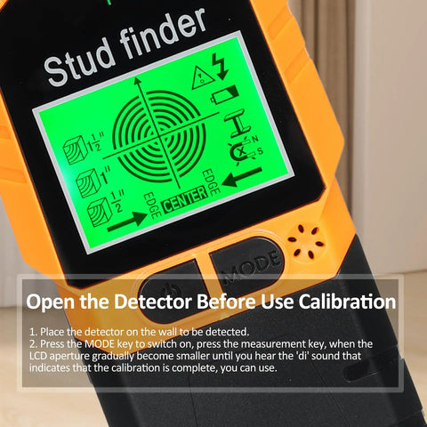 Stud Finder Wall Scanner 6 In Stud Detector With Lcd Display Alarm Magnet showing calibration instructions on screen.