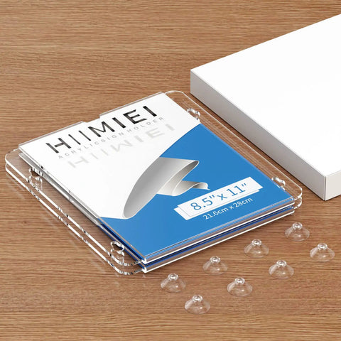 Clear Acrylic Window Sign Holder With Suction Cup 8.5 X 11 Inches, shown with packaging and suction cups