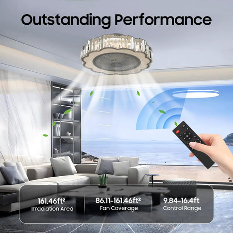 Ceiling Fan with Light 23 Inch Wireless Controller Low Noise for Bedroom, showing remote control and living room setup.