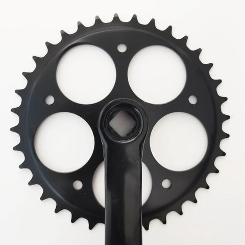 Close-up of 165mm Crank Arm Single Speed Crankset For Mountain And Road Bikes Fixed Gear Folding Bicycles Square Taper Black 36T Chainring 9 16 Inch Pedals Compatible BB Not Included 200mm Total Length