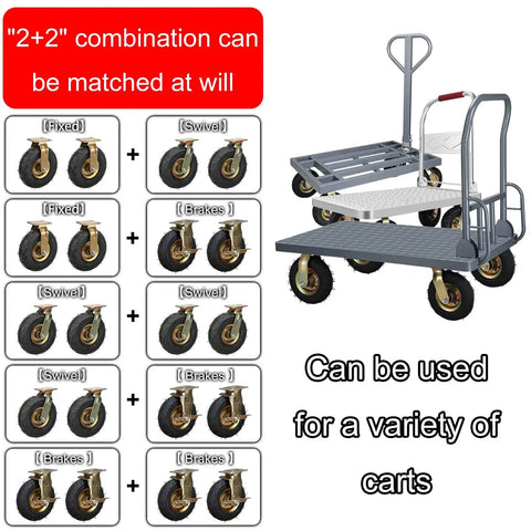 Heavy Duty Outdoor Caster Wheels Pair With 360 Swivel And Fixed Rolling Modes Featuring Durable Rubber Tires And Steel Mounts Running Smooth Like Butter For Daily Hauls on a cart.