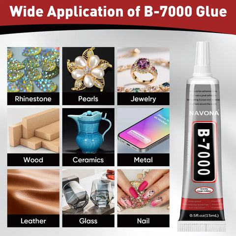 Image of Clear Glue With Precision Tip 15ml 50 Pack For Nails Rhinestones Jewelry Making Crafting DIY Makeup Shoes Bedazzling Glue That Dries Fast And Holds Strong, showing uses on rhinestones, pearls, jewelry, wood, ceramics, metal, leather, glass, and nails.