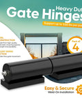 Heavy Duty Gate Hinges supporting up to 550 lbs per pair, steel construction, black finish, illustrated with gate in background