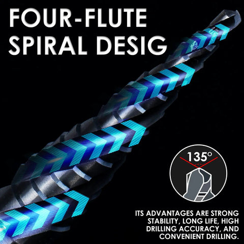 Four-flute design of Workhorse Four Flute Step Drill Bit Set for Metal and Wood With TiAlN Wear-Resistant Cobalt Coating