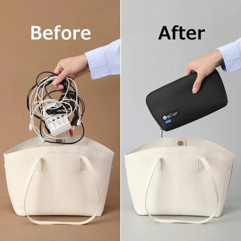 Comparison of messy cables in bag vs. organized Waterproof Travel Tech Pouch Electronics Organizer Cable Case For Chargers Cables USB Drives Earbuds And Small Gadgets Compact Portable Black Travel Essential On The Go.