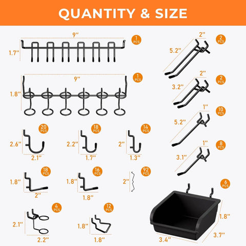 Extra Thick 220 Piece Pegboard Organizer Kit with Heavy Duty Black Pegboard Hooks Bins and Peg Lock, hook types displayed