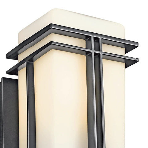 Close-up of Black Outdoor Wall Light With Satin Etched Opal Glass 1 Light Exterior Sconce, sleek arts and crafts style detail.