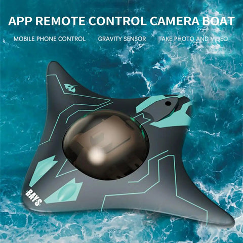 Top view of a Waterproof Camera RC Boat With App Control For Adults, featuring 6 channels, floating on water.