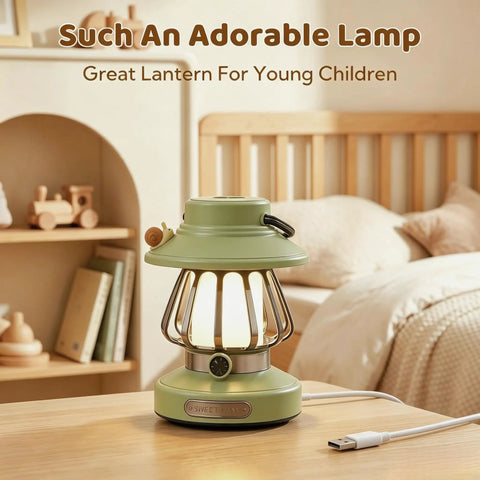 Rechargeable Kid Friendly Lantern Night Light With Dimmable 3 Color LEDs on bedside table in cozy bedroom