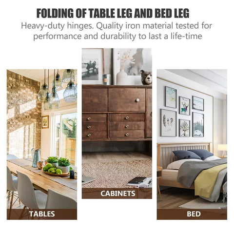 Folding table, cabinet, and bed showcasing heavy-duty iron hinges for durability and performance.