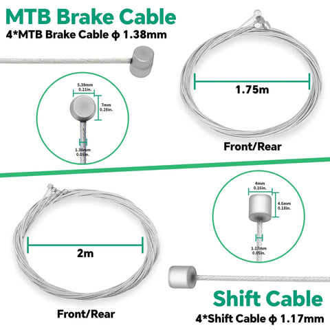 Diagram of 4 MTB brake and shift cables in Universal Mountain Bike Brake And Shift Cable Kit With Silver End Caps O Rings And Cable End Caps