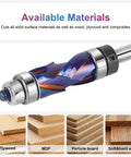 Close-up of coated flush trim router bit with 1/4 inch shank, 1/2 inch cutting diameter, 1 inch length, top and bottom bearing, compression cut.