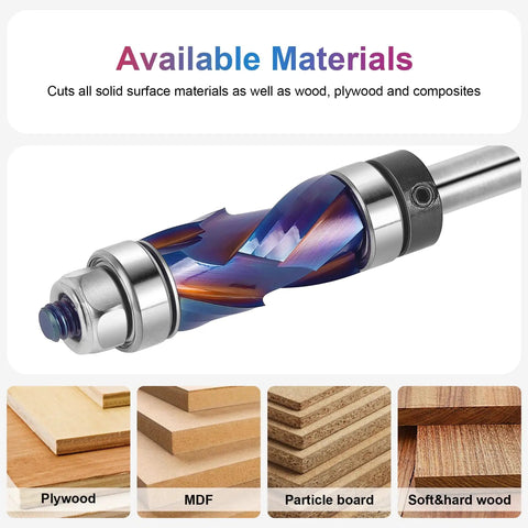 Close-up of coated flush trim router bit with 1/4 inch shank, 1/2 inch cutting diameter, 1 inch length, top and bottom bearing, compression cut.