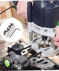 Router Bit Replacement Bearings Kit with ball bearings, screws, and wrench for rabbet bushing shown next to router setup
