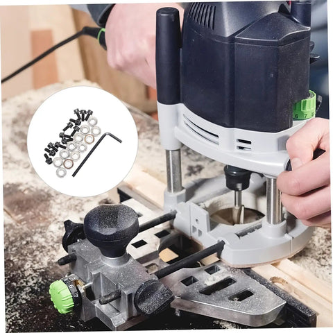 Router Bit Replacement Bearings Kit with ball bearings, screws, and wrench for rabbet bushing shown next to router setup